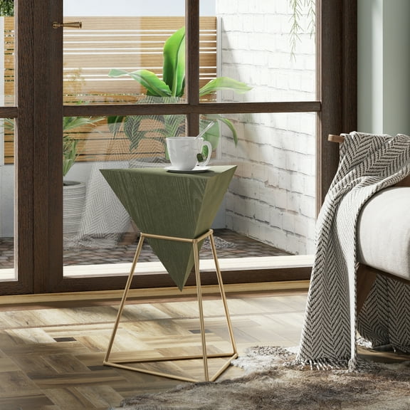 COZAYH Modern Geometric End Table with Wooden Top and Golden Metal Base, Unique Pyramid Side Table Plant Stand for Office, Living Room, Bedroom, Triangle (Green)