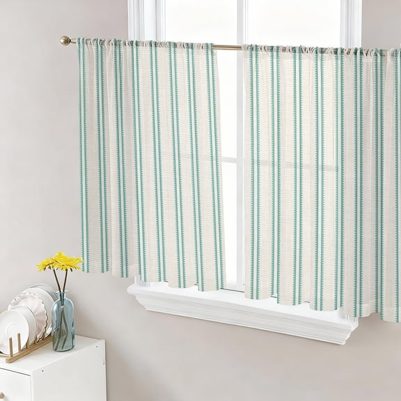 Teal Green Lines Semi Sheer Curtains 45 Inch Length 2 Panels Set, Modern Vertical Striped Farmhouse Retro Sheer Kitchen Curtain Privacy Voile Window Curtain for Living Room Bedroom Rod Pocket Drapes