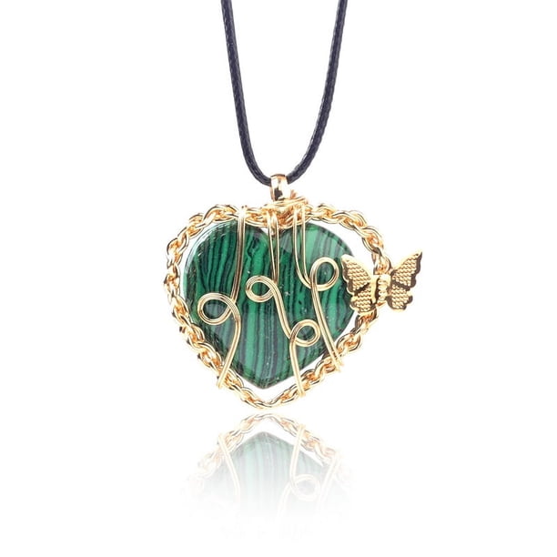 Zhuge Colgante de collar, hecho a mano, con un colgante de mariposa con forma de árbol de la vida envuelto en seda. Collar de piedra de cristal natural en forma de corazón (verde oscuro)