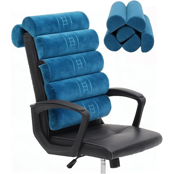 Adjustable 6-Segment Lumbar Support Pillow for High-Back Office Chairs – Blue Short Velvet, Medium-Soft Foam Back Cushion