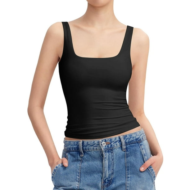 Camiseta sin mangas y cuello redondo para mujer - Top básico ajustado de punto acanalado - Ropa informal elástica de poliéster