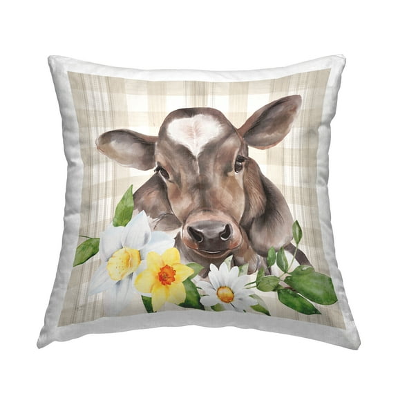 Stupell Industries Tartan Calf Cow Daffodil Blooms Printed Throw Pillow Design by Lux   Me Designs
