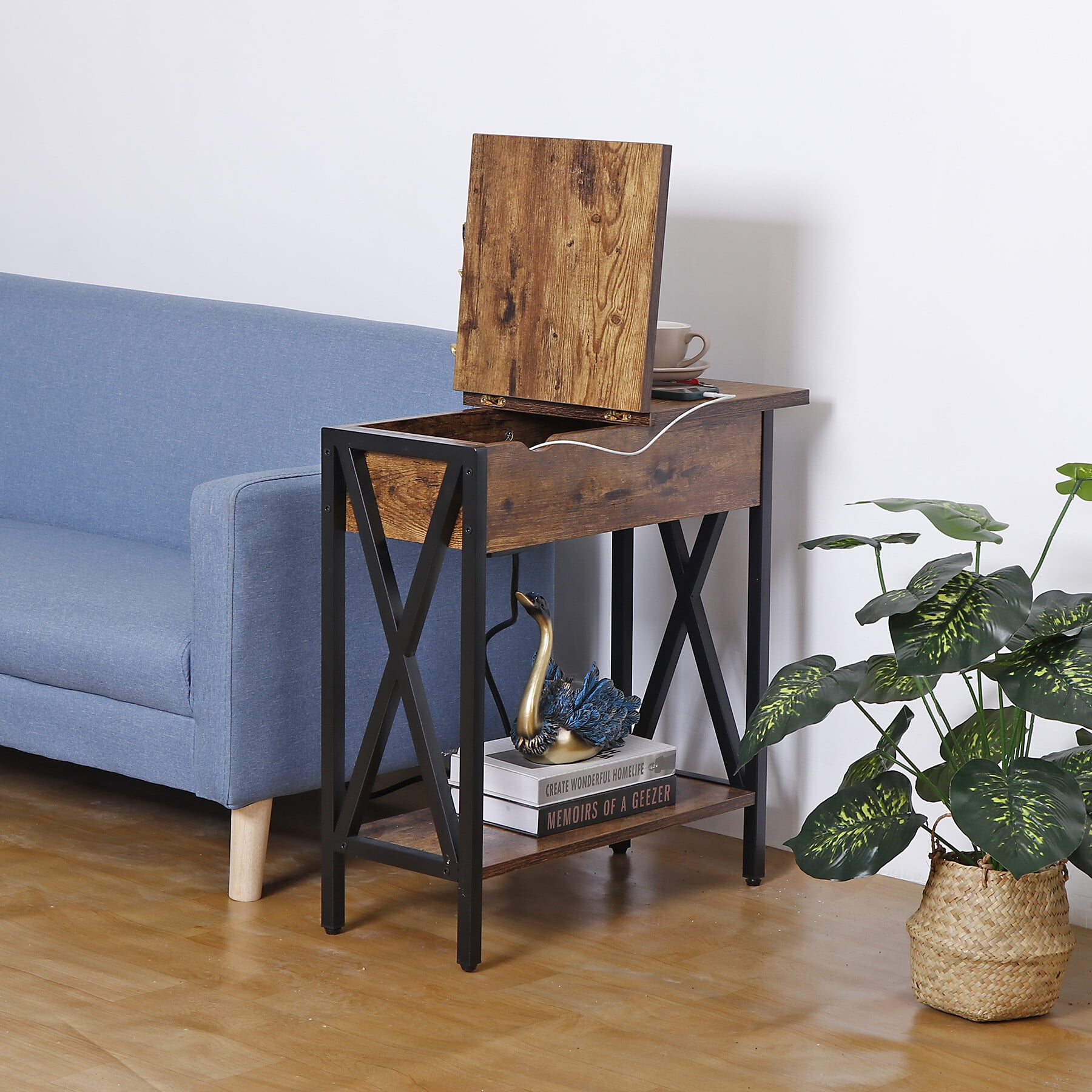 HomGarden Narrow Flip Top End Table Entryway Side Table W/ Charging Station USB Ports & Power Outlets, Rustic Brown