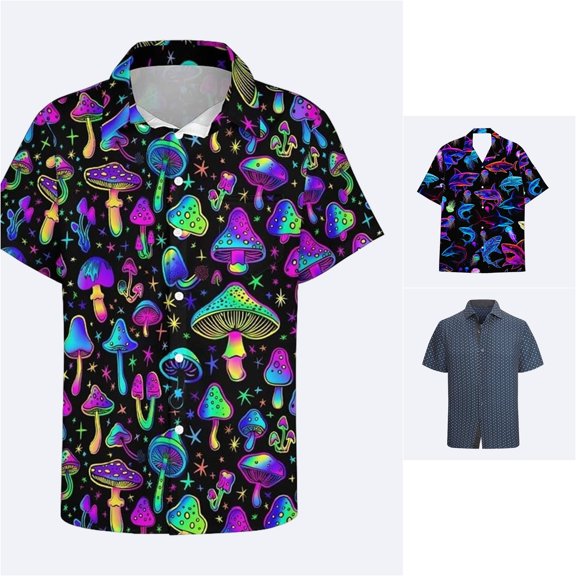Wxolcjlv Neon Mushroom Allover Print Button Down Shirt for Men Turn Down Collar Short Sleeve Psychedelic Beach Blouse