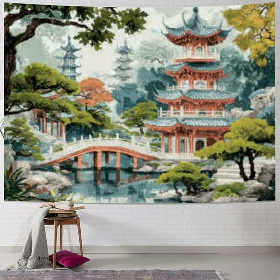 BCIIG Chinese Garden Bridge Pagodas Tapestry Wall Hanging Art 40x30inch