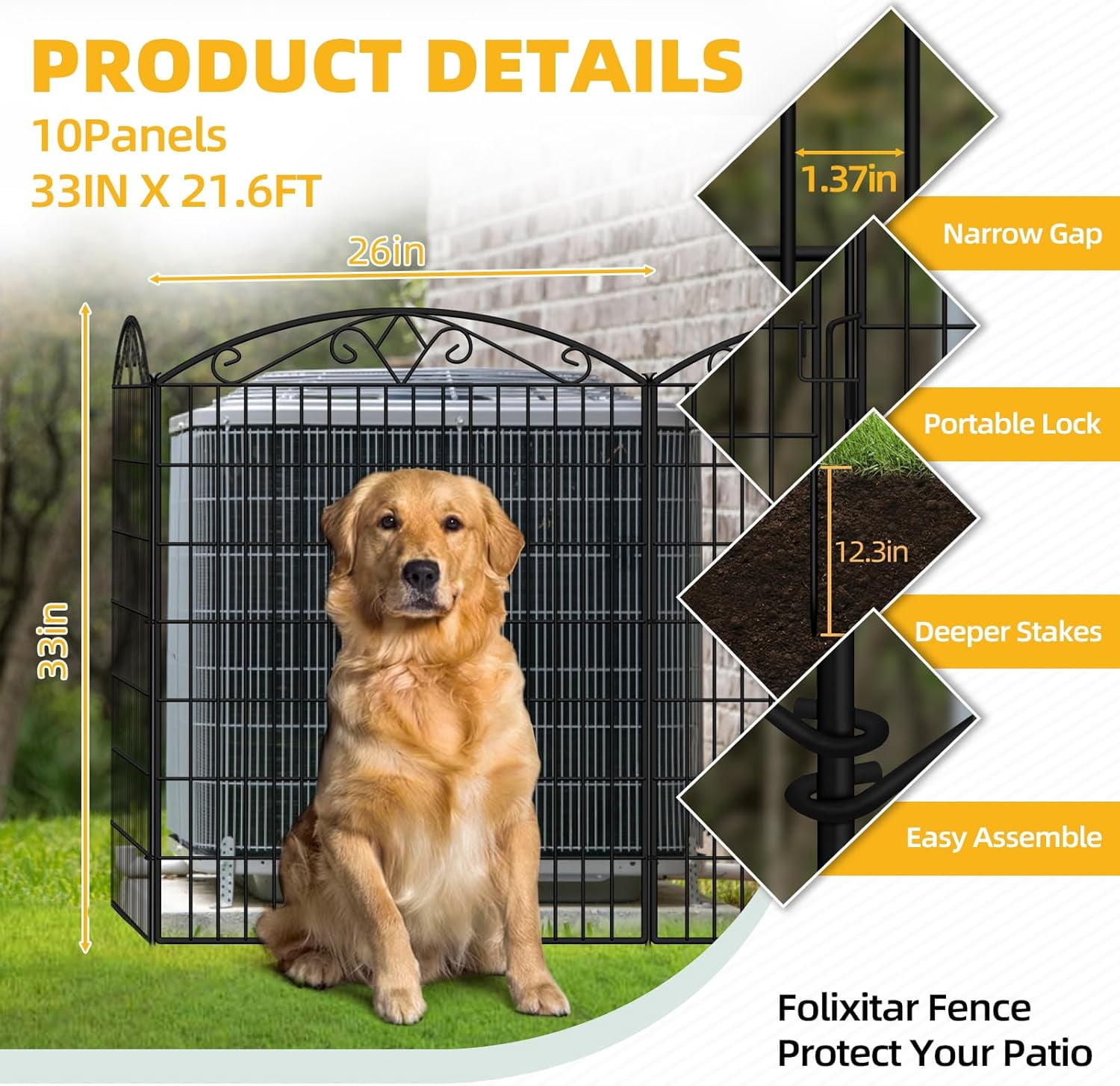No Dig Decorative Garden Dog Fence Outdoor for Yard, Animal Barrier Fenceing Panels, Rustproof Ground Stakes Temporary Wire Screen for Patio