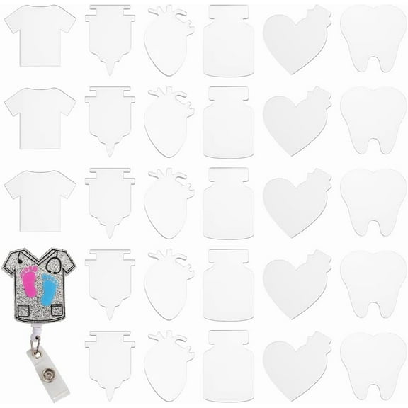 6 Shapes 30Pcs Transparent Acrylic Blank Badge DIY Badge Buddy Blanks Set Badge Reel Holders for Nurse Teacher Lab Tech Receptionist 3mm Thickness DIY