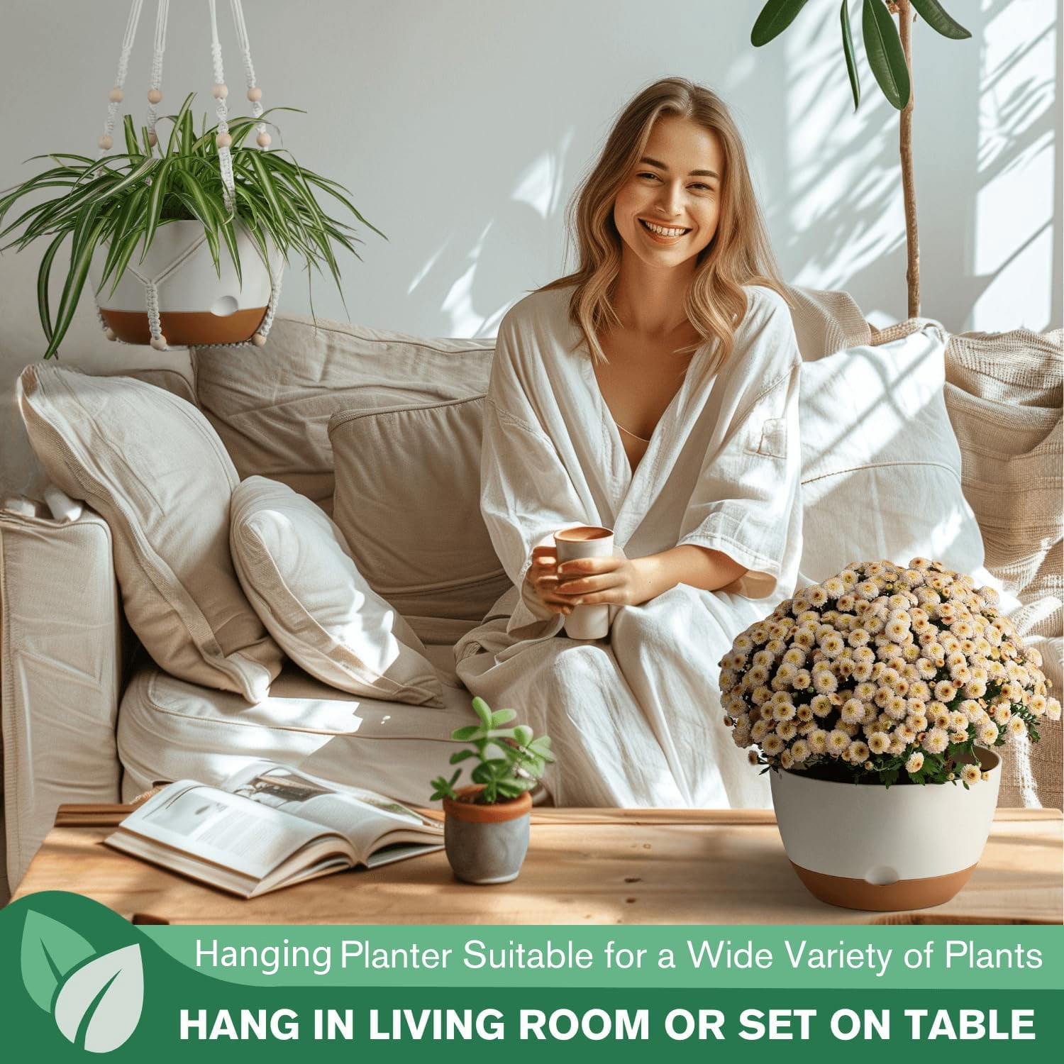 Diigabo 3-Pack 8-inch Self-Watering Hanging Planters with Macrame Hanger Indoor Plastic Plant Pots with Drainage Hole&Saucers Flower Baskets for Outdoor Garden Home Ceiling Decor(Multi-color)