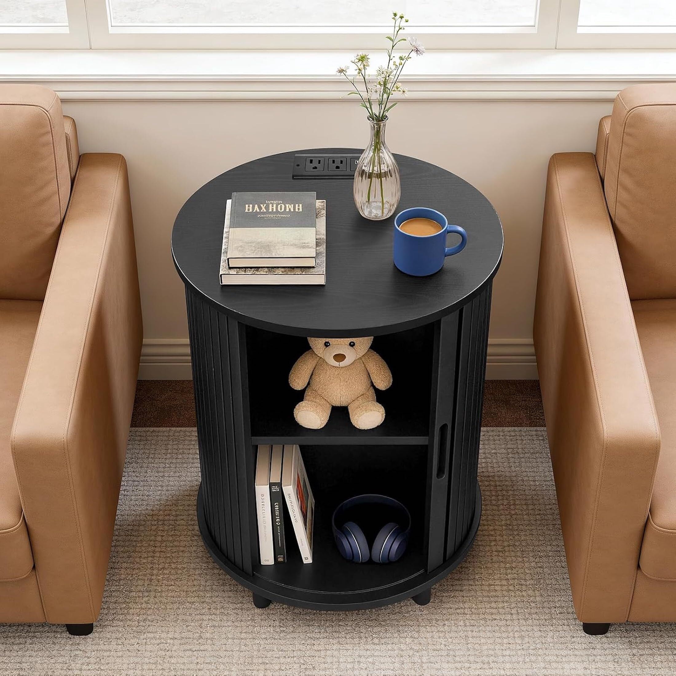 Aisword Round End Table Set of 2 with Charging Station, Fluted Accent Side Table with Sliding Door and Adjustable Shelf, Nightstand for Small Space, Black