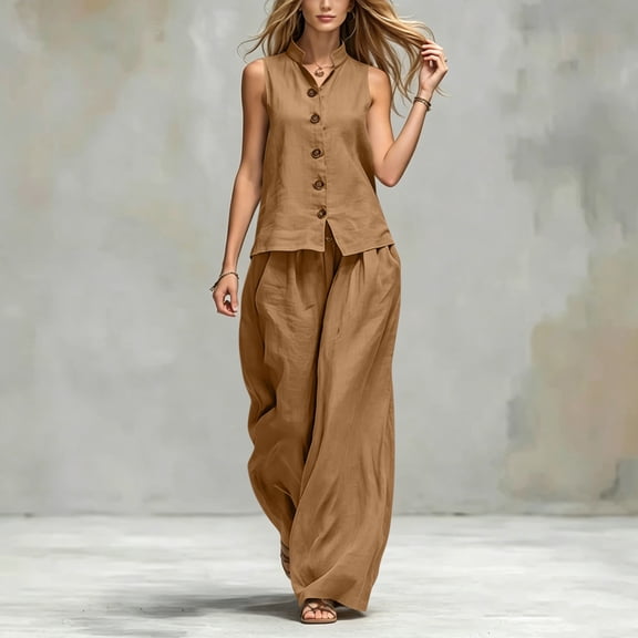 Zynoxe 2 Piece Sets for Women Relaxed Sleeveless Button Down Vest Wide Leg Pants Suit Lightweight Loose Solid Color Lounge Set With Pockets Stylish Versatile Summer Vacation Outfits S
