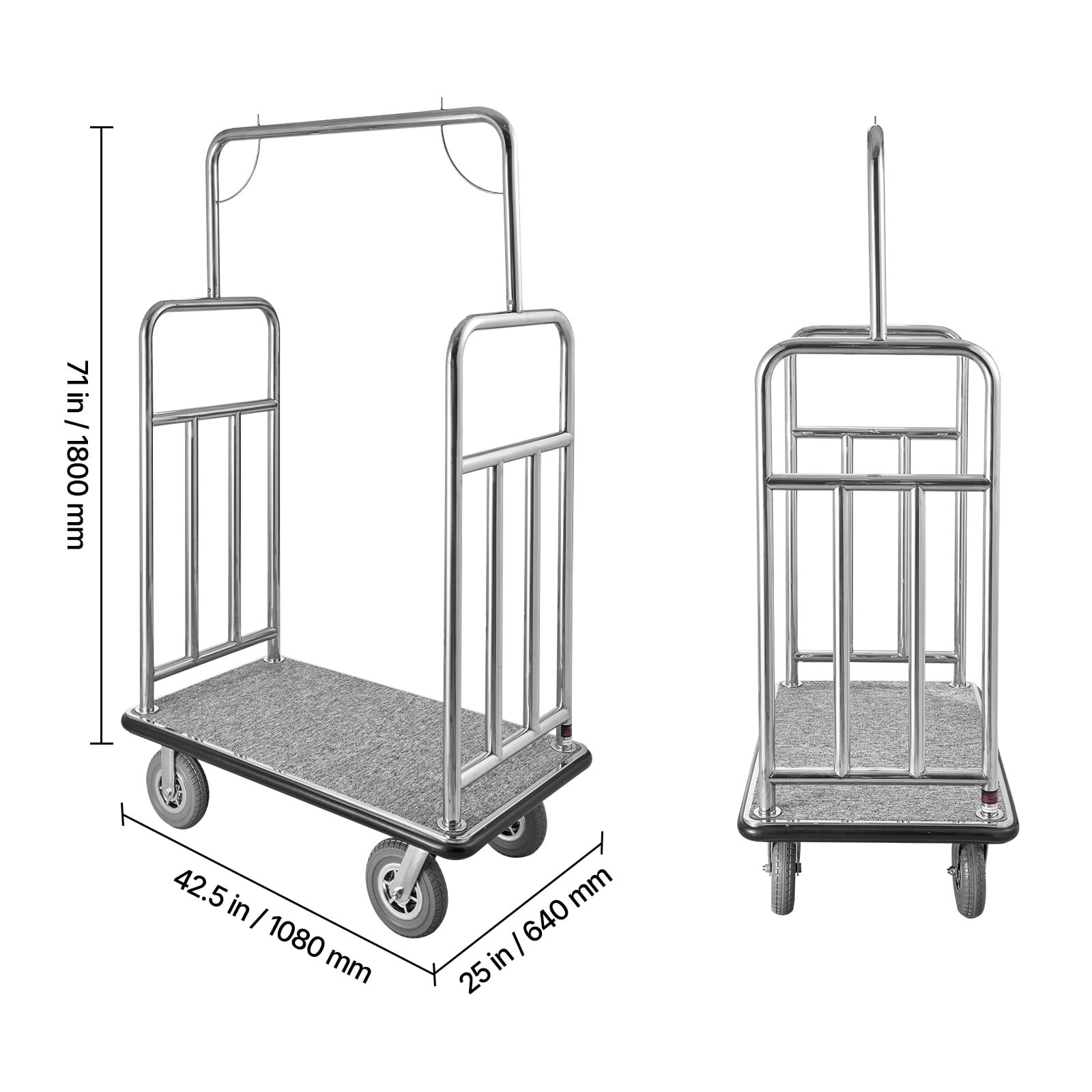 KFFKFF Guest Baggage Trolley, Supports up to 1200 LBS, Polished Stainless Steel Bellhop's Trolley, Servant Cart featuring Grey Carpeted Platform and 8-inch Rubber Tyres