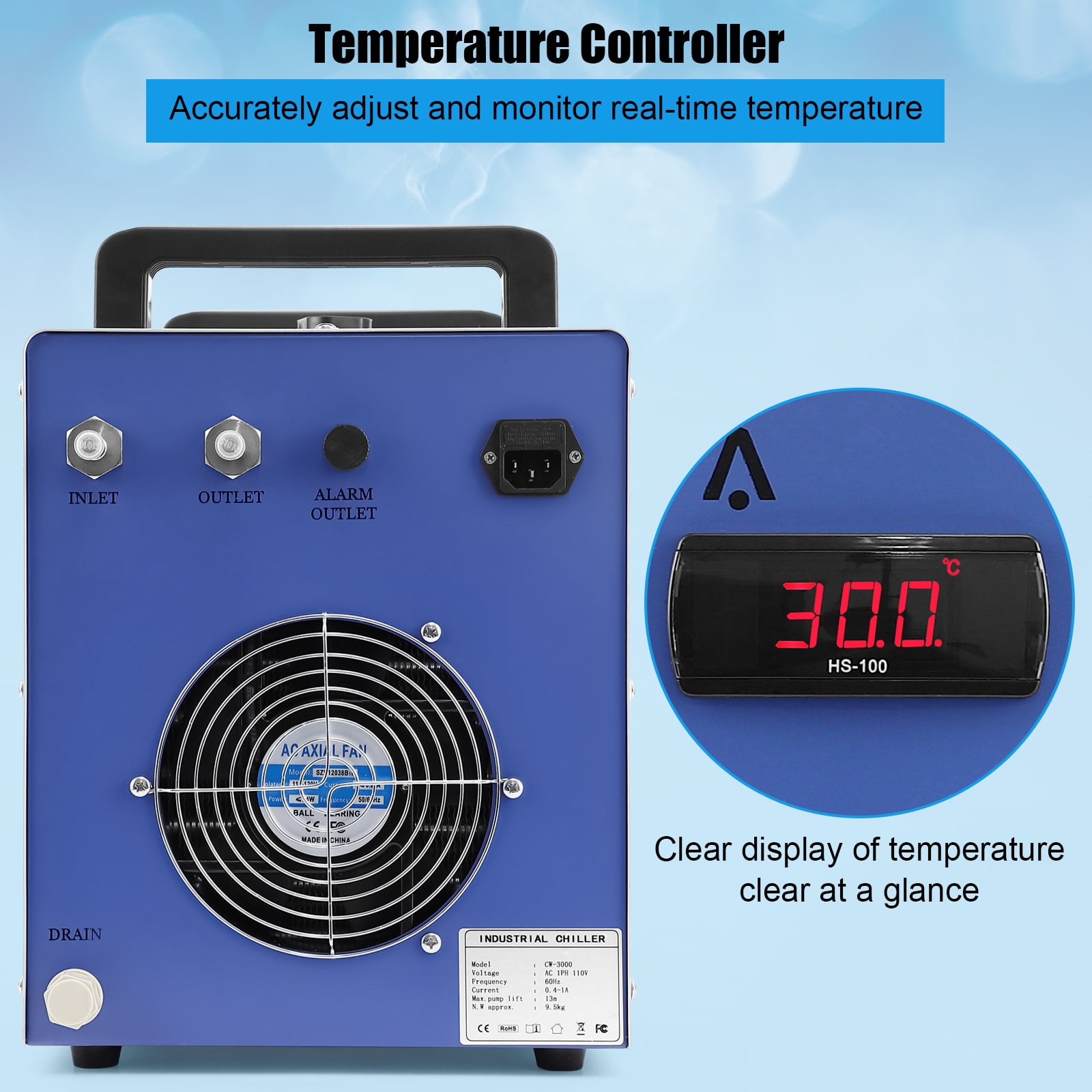 Industrial Water Chiller, 110V 9L Industrial Water Cooling Chiller, 2.6GPM FlowRate Water Cooling System, CW-3000 Thermolysis Water Chiller, Water Cooler for 40-80W CO2 Laser Engraving&Cutting Machine