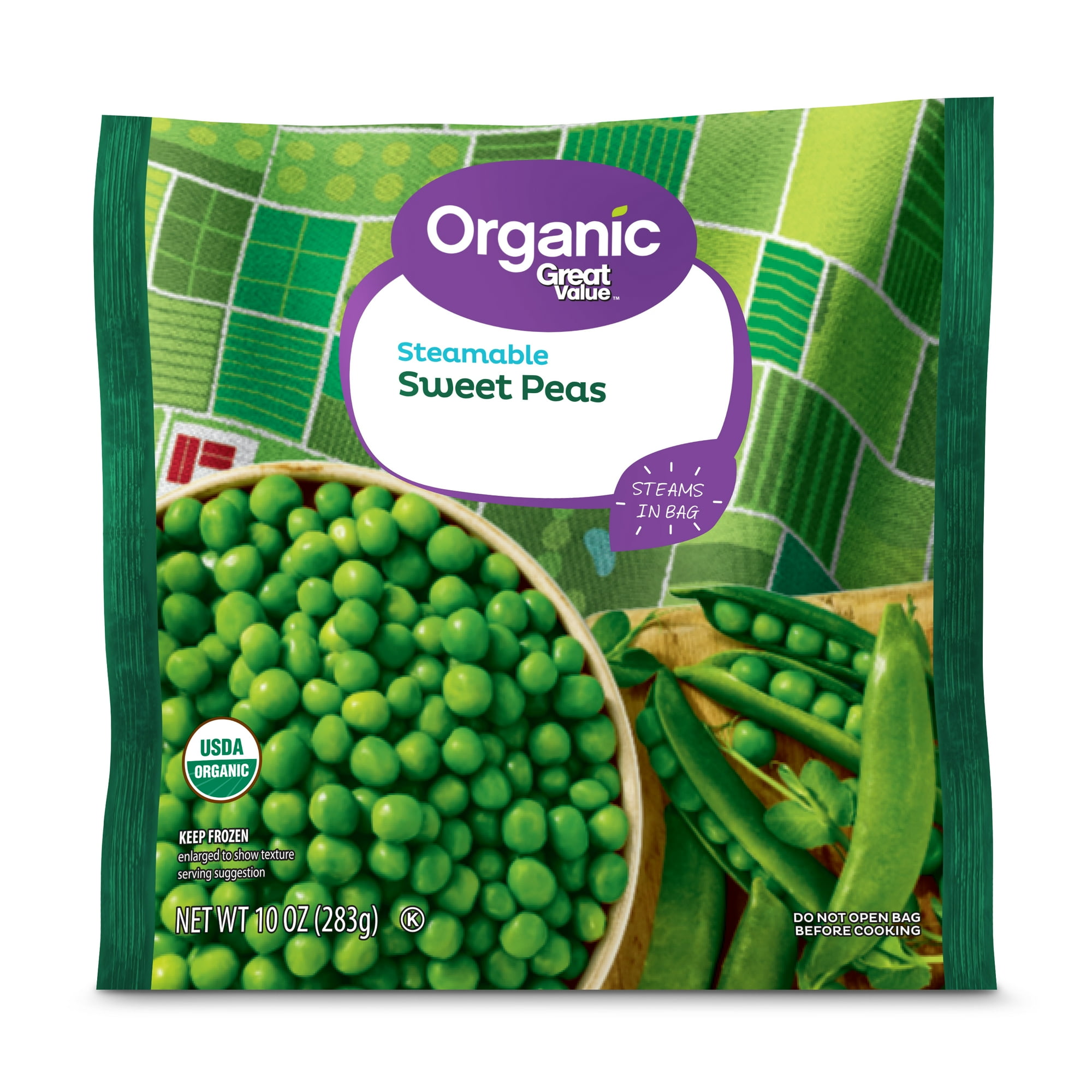 Great Value Organic Frozen Steamable Sweet Peas in Microwaveable Bag, 10 oz