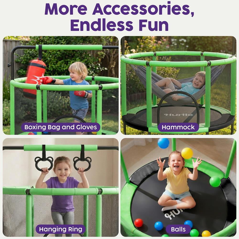 Hurtle 55" Kids Trampoline with Safety Enclosure – Indoor/Outdoor Toddler Trampoline with Adjustable Gymnastics Bar, Swing, Boxing Bag & Rings, 440 lbs Capacity