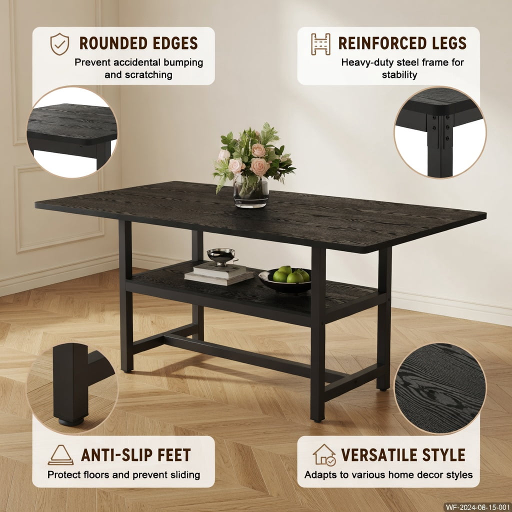 Hommoo Modern MDF Dining Table 71in x 35.4in with Built-in Storage Shelf, Minimalist Industrial Style Extendable-Look Solid Table for Family Meals & Small Spaces, Black
