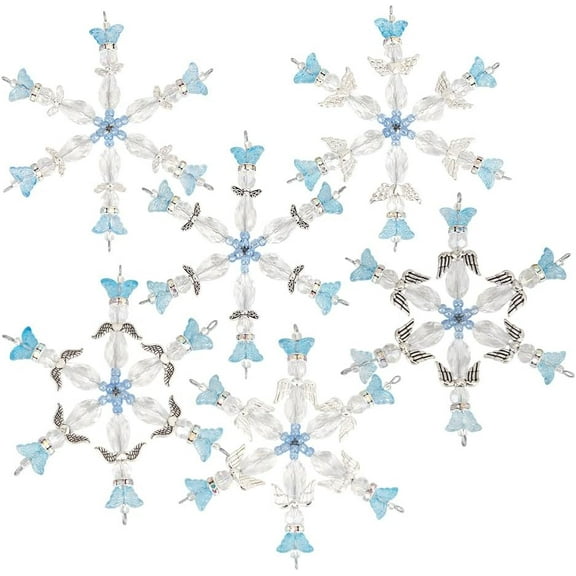 1 Box 6 Pack Glass Snowflake Ornaments Beaded Snowflake Christmas Ornament Craft Kit Blue Pink Iron Wire Snowflakes Hanging Decorations