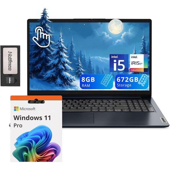Lenovo IdeaPad 1i 15.6" FHD Touchscreen Laptop, Intel i5 1235U, 8GB RAM, 672GB Storage(512GB SSD   160GB Docking Station), Intel Iris Xe Graphics, HD Camera, Dolby Audio, Wi-Fi 6, Win 11 Pro, Blue