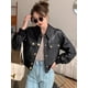 thumbnail image 4 of Chaqueta bomber de cuero genuino para mujer, tendencia otoño invierno 2024, abrigo corto ajustado de cintura alta para motocicleta, abrigo de piel de oveja real, 4 of 5