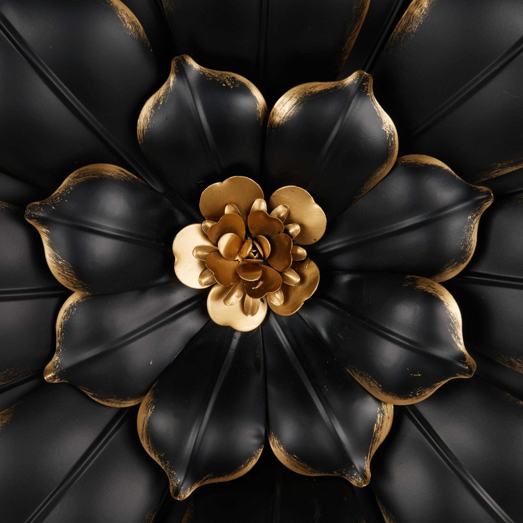 DecMode Black Metal 3D Floral Wall Decor with Gold Center (3 Count)