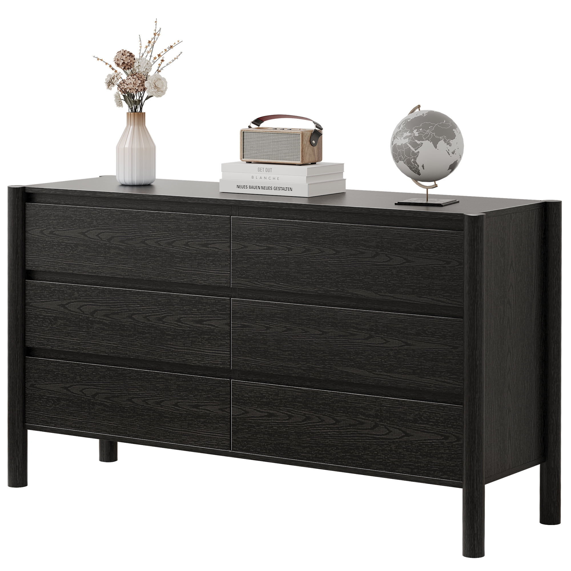 HOUROM Dresser for Bedroom,6-Drawers,47" Wide Farmhouse Large Dressers & Chest,4 Solid Wood Legs,TV Stand, Storage Organizer Furniture for Bedroom(Black)