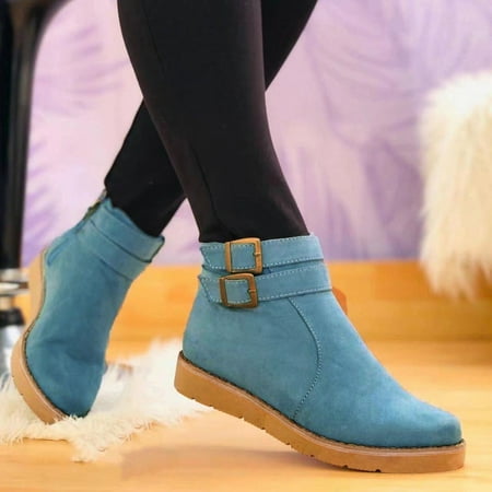 

Womens Shoes Fashion Lightweight Round Toe Thick Sole Flat Low Tube Metal Buckle Short Boots