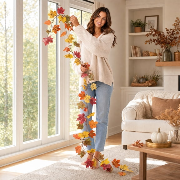 Artificial Maple Leaf Rattan, Wuztai Multicolor Plastic Fall Garland, 68.9-78.74 Inch Thanksgiving Fireplace Dining Table Decorative Ornament Bendable Indoor