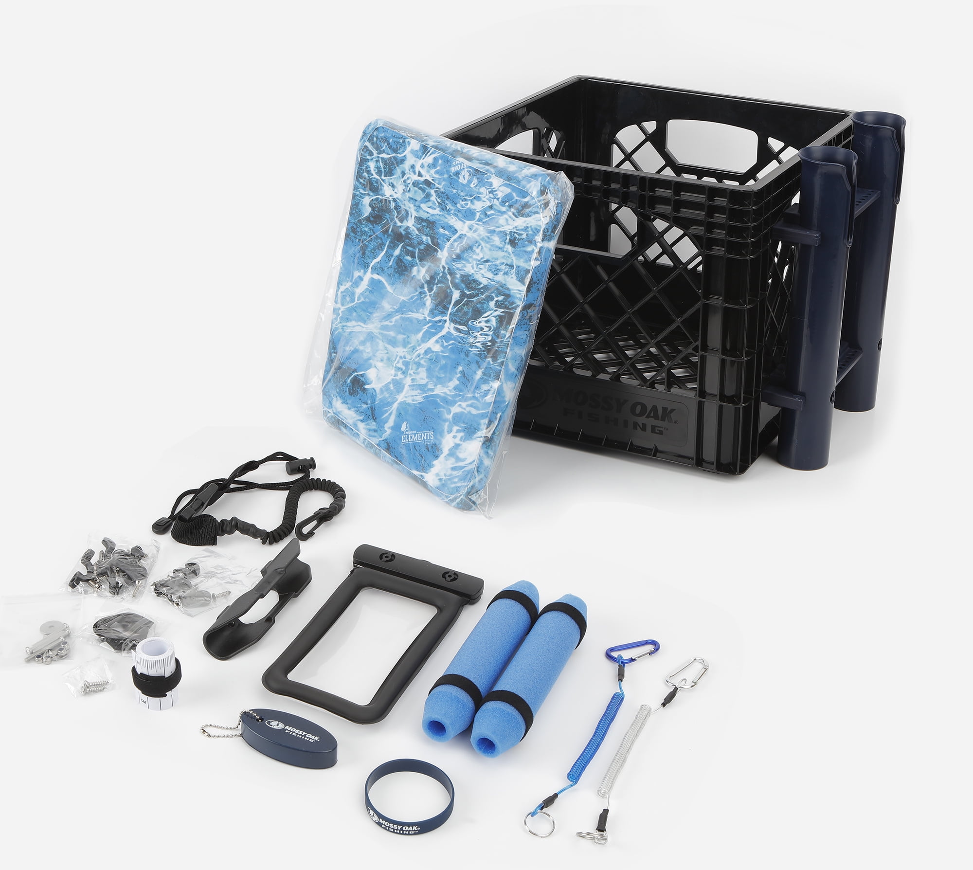 Mossy Oak 24 Piece Kayak Storage Crate with Dry Bag, Fishing Accessories Kit and Rod Holder Milk Crate Blue