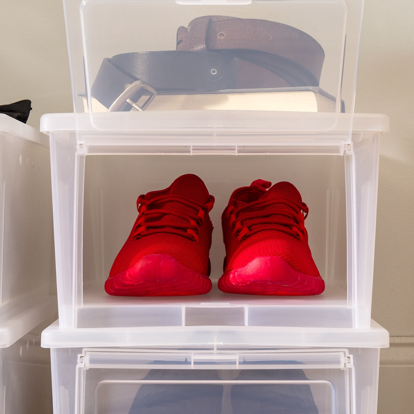 IRIS Stackable Wide Shoe Storage Box with Flip Up Door, Clear, 4Pk