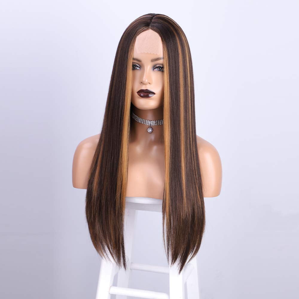 ?️ Long Straight Highlights Wig 24 Inch 24 Inch Platinum Blonde Highlight Wig: Brown Lowlights  main image 3