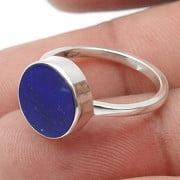 Round Lapis Lazuli Gemstone 925 Sterling Silver Statement Birthday Ring Jewelry