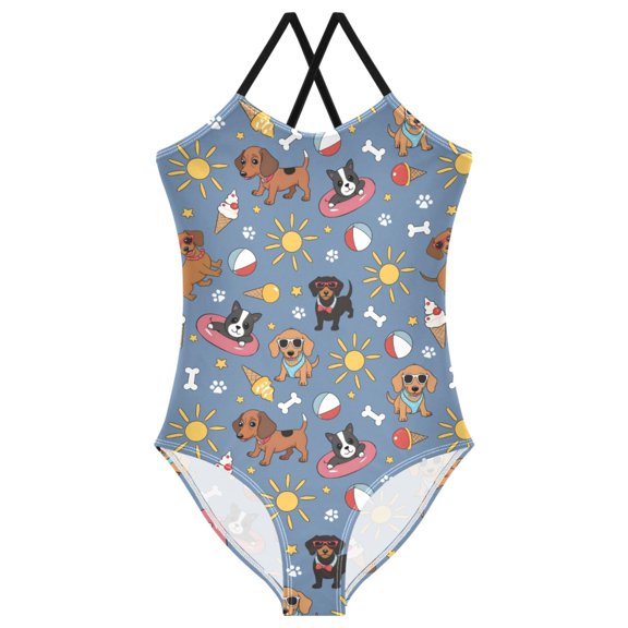 Girls Summer Dogs Surface Print One Piece Swimsuit, Cross Back Spaghetti Strap Bathing Suit for Kids Summer Beach Pool Swimwear 7-8T
