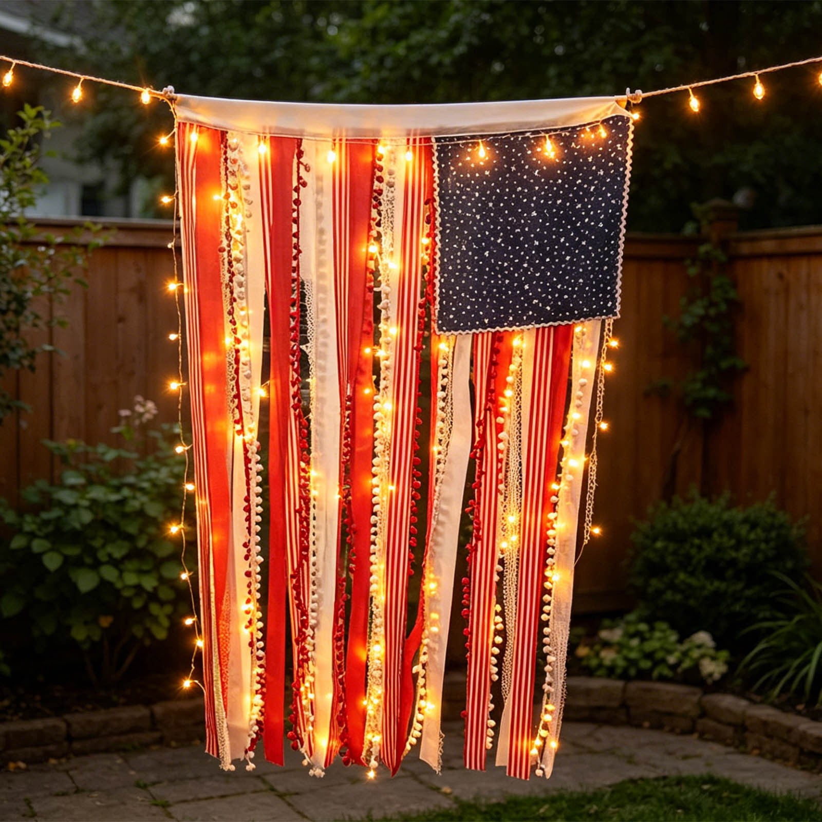 Lighted Rag American Flag Banner, 27×50in Independence Day Fringed Drapery Blue Star Flag, 1776 Decorative Hanging String Lights Flag, for Outdoor Garden Yard Home Party Decoration