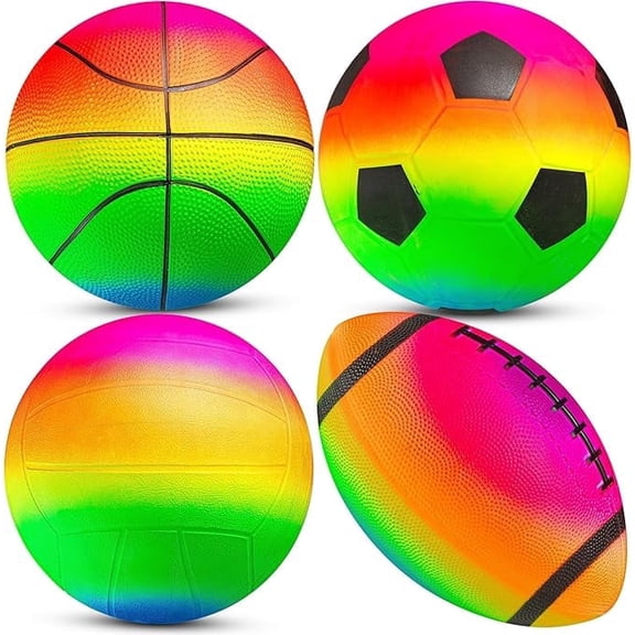 PlayBolt Rainbow Sports Ball Set – 4 Pack (5-Inch) | Mini Basketball, Soccer Ball, Football & Playground Ball with Hand Pump for Toddlers & Kids – Indoor & Outdoor Play