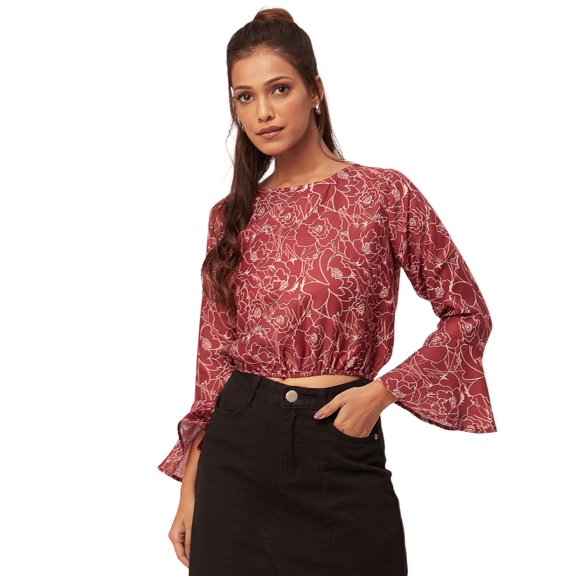 Moomaya Printed Blouson Top, Long Bell Sleeves Round Neck, Casual Crop Tops