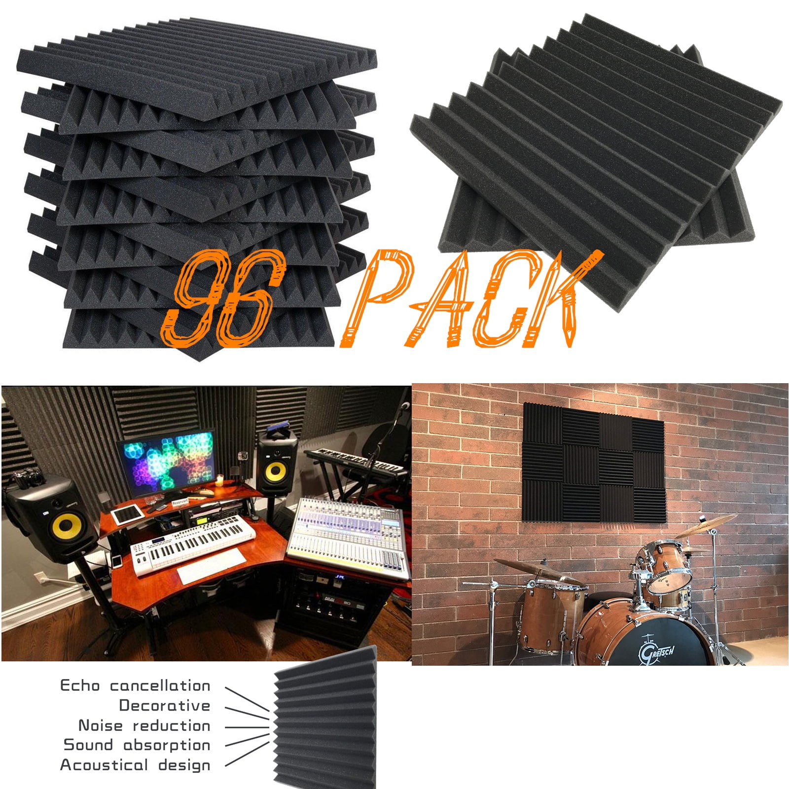 96 Pack Sound Proof Padding Foam Panels Acoustic Wedge Dampening Sound