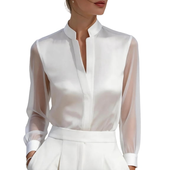 Satingcolo Women's Sheer Button Up Blouse Tops Dressy Business Casual Fall Mesh Long Sleeve Button Down Work Shirt Top