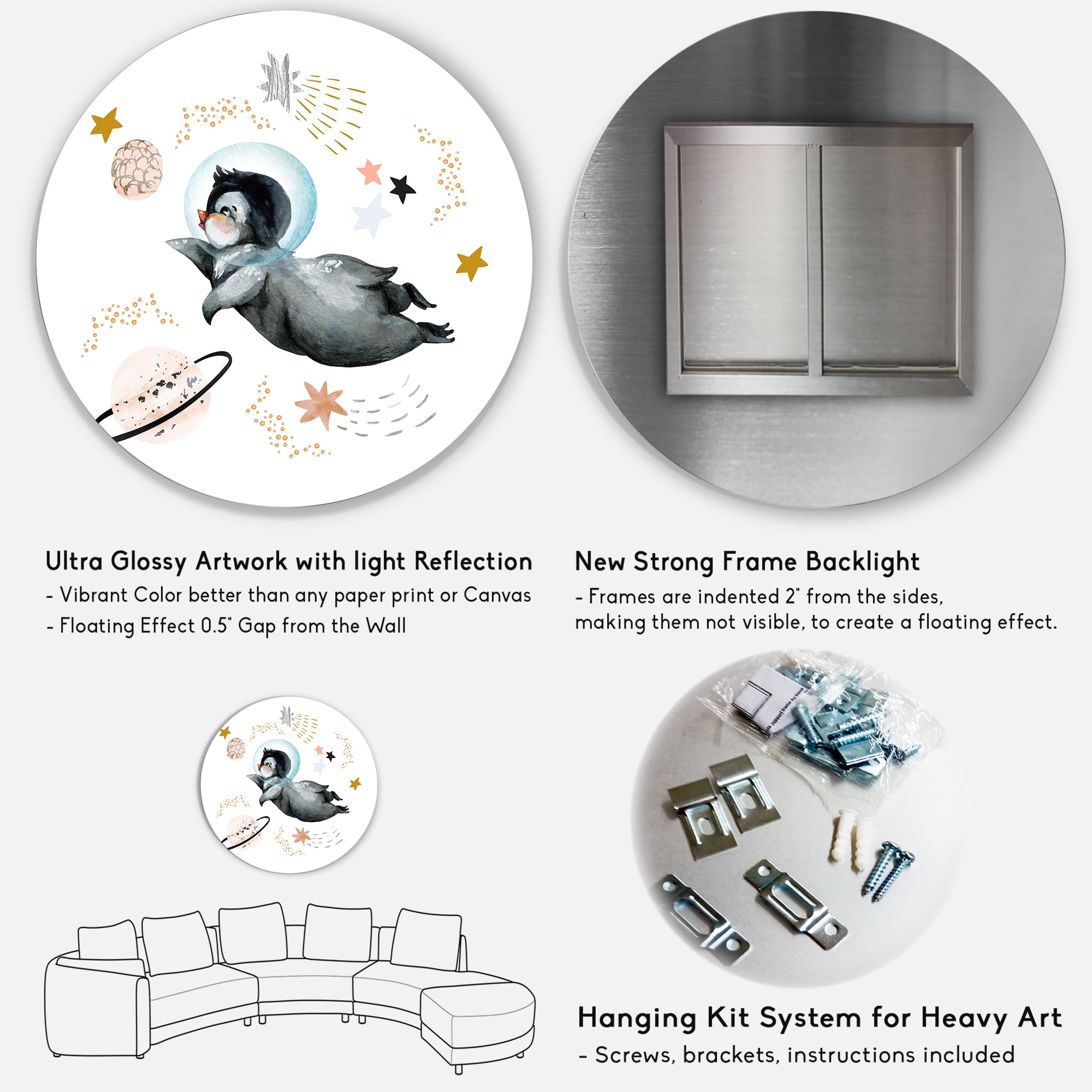 Designart 'Little Penguin Flying Planets and Stars II' Farmhouse Circle Metal Wall Art 29x29 - Disc of 29