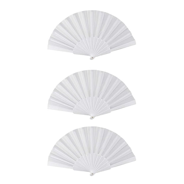 3X Ventilador de Mano Plegable de Plastico Y Tela para Senoras Y Hombres Blanco
