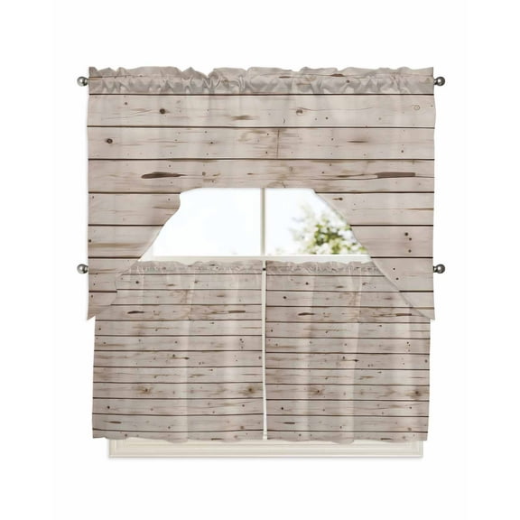 Vintage Farmhouse Kitchen Curtains Swag Valance and Tier Curtains Set 24 Inch Length, Country Retro Beige Wooden Grain Rod Pocket Drape Panels Pair Swag Curtains for Bathroom/Cafe/Window