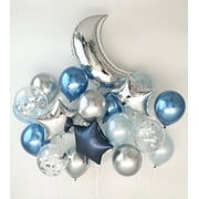 Sweet Moon 24 Piece Moon and Star Balloons Bouquet - Baby Shower, Birthday, Gender Reveal, Eid, and Ramadan Party Decoration (Metallic Blue)