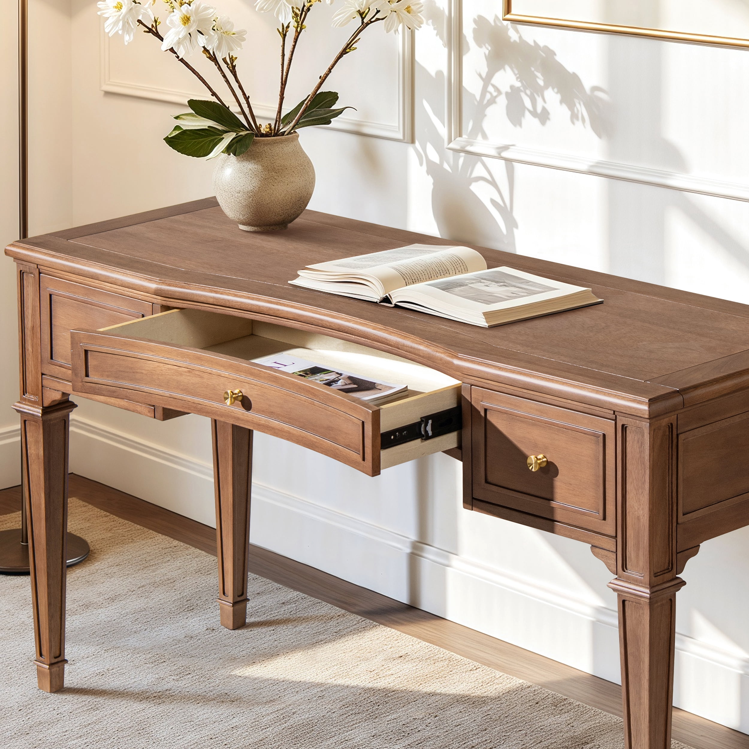 Dauphin 55" 3-Drawer Wood Executive Desk Brown Rubber Wood & Veneer