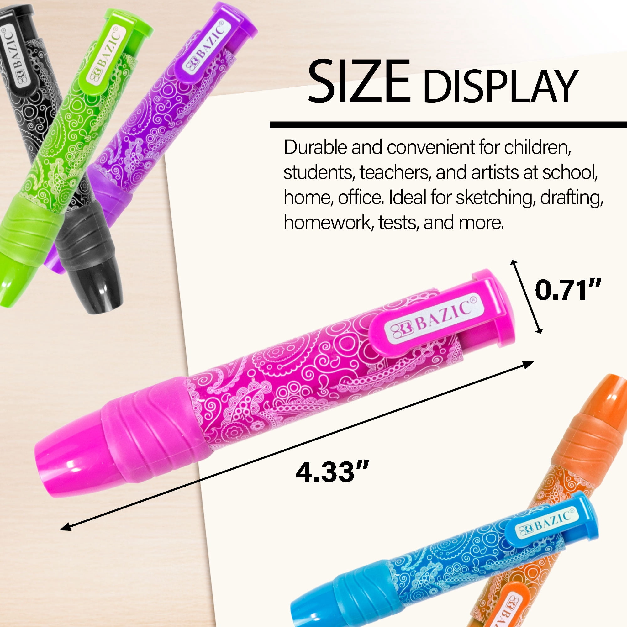BAZIC Retractable Stick Erasers, Mechanical Pencil Eraser (2/Pack), 24-Packs