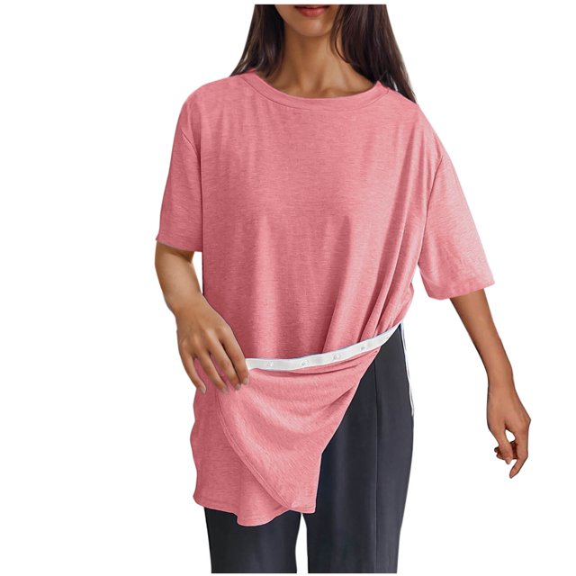 Timegard Tops for Women Crewneck Short Sleeve Side Button Solid Color Comfy Casual Loose Blouse Top