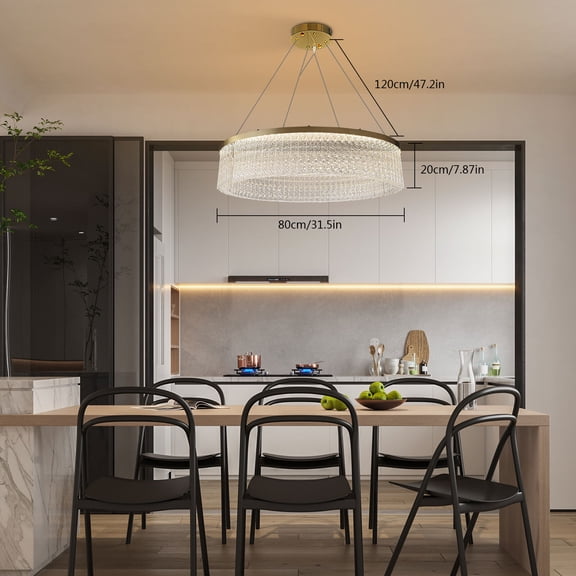 Modern Glass Chandelier, Round Glass Gold LED Hanging Ceiling Light, Three Color Temperatures Pendant Lights Fixture for Dining Room, Living Room, Kitchen Island, Bedroom