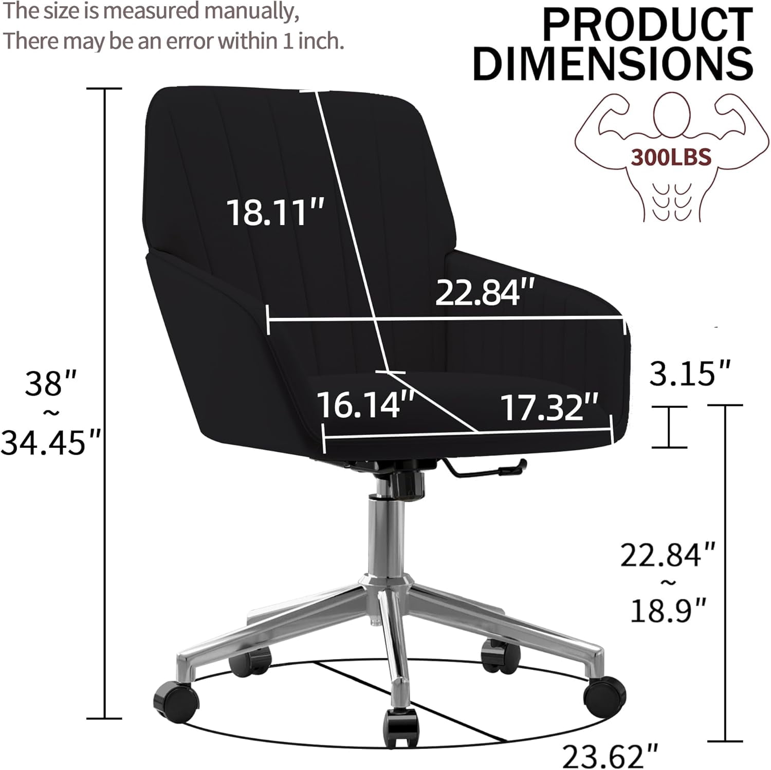 YWEN Velvet Office Desk Chair with Silver Base, with Wheels,Modern Height Adjustable 360 Degree Swivel Upholstered Vanity Chairs with Arms for Living Room Bedroom,Black