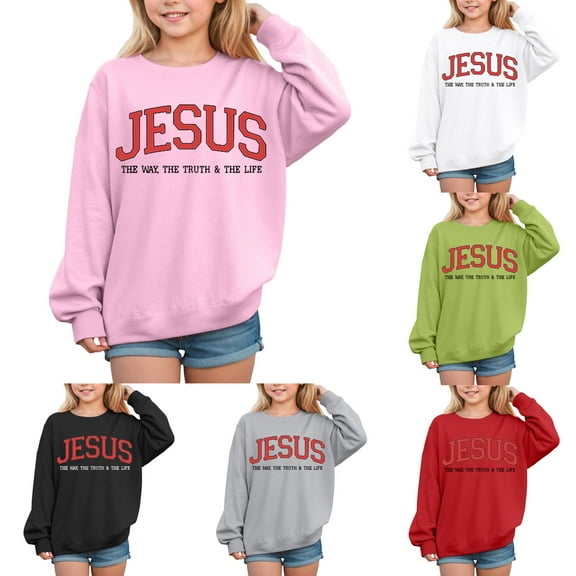 Ulanda Cute Jesus Sweatshirt for Teen Girls Preppy Graphic Sweat Shirts Long Sleeve Pullover Tops Size 10-12 (Pink, 2Y)