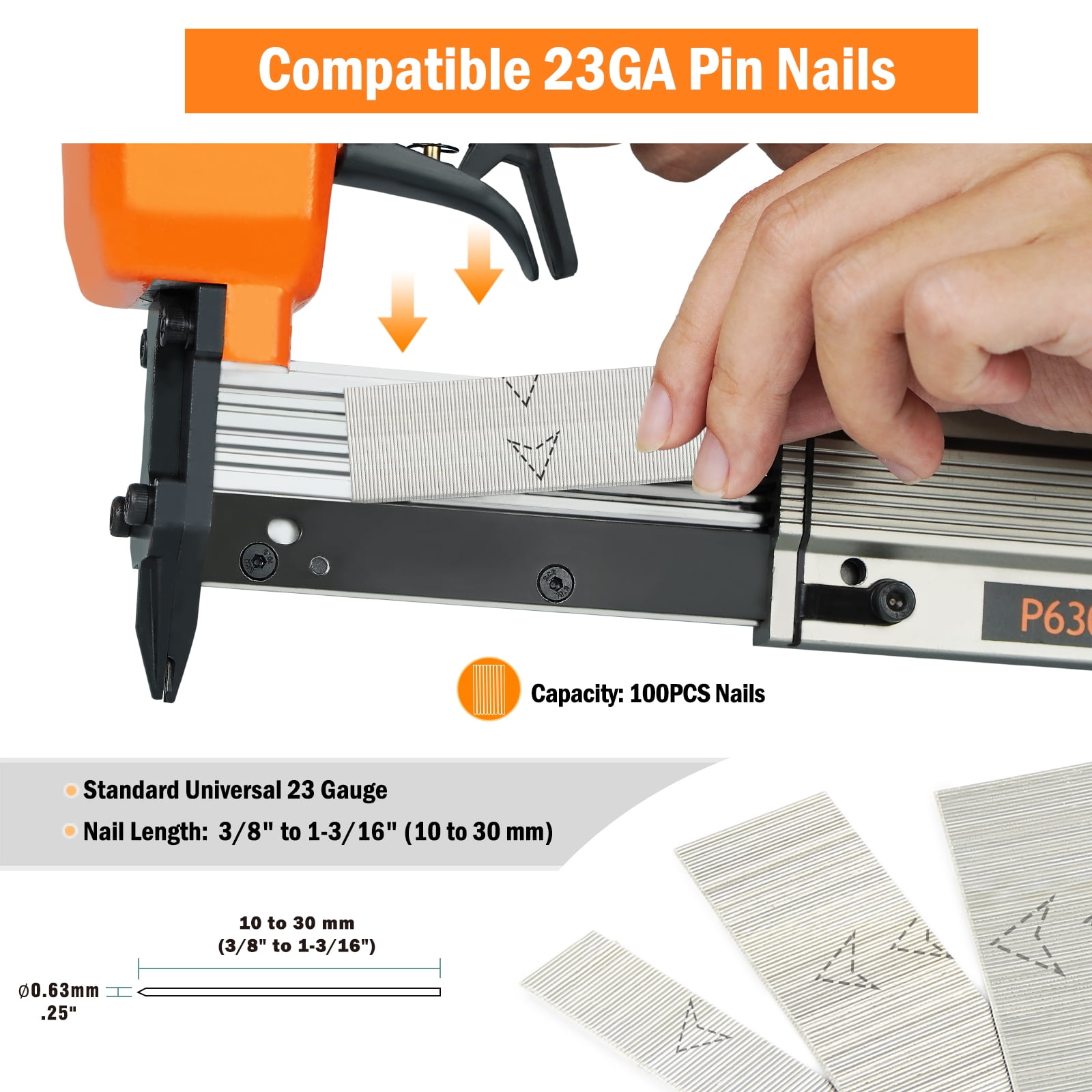 KAMSIN P630 Pneumatic 23 Gauge Pin Nailer Accepts 3/8" to 1-3/16" Pin Nails, Micro Pinner Gun for Assembly and Woodworking Projects