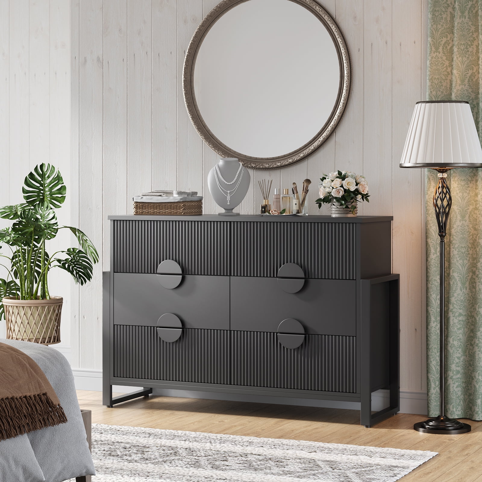 Holliwill 6 Drawer Dresser for Bedroom, Fluted Dresser Chest of Drawers for Living Room, Hallway, Black