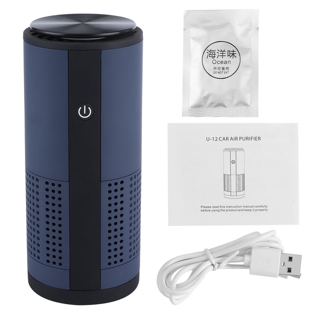 Purificador de aire portátil para coche, ambientador de iones negativos, elimina el olor a formaldehído, carga USB, color azul marino.