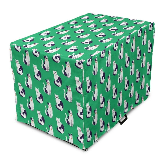 Cat Dog Crate Cover, Kittens in Various Poses Funny Character Pets Feline Paws and Whiskers, Easy to Use Pet Kennel Cover Small Dogs Puppies Kittens, 7 Sizes, Green Indigo and White, by Ambesonne